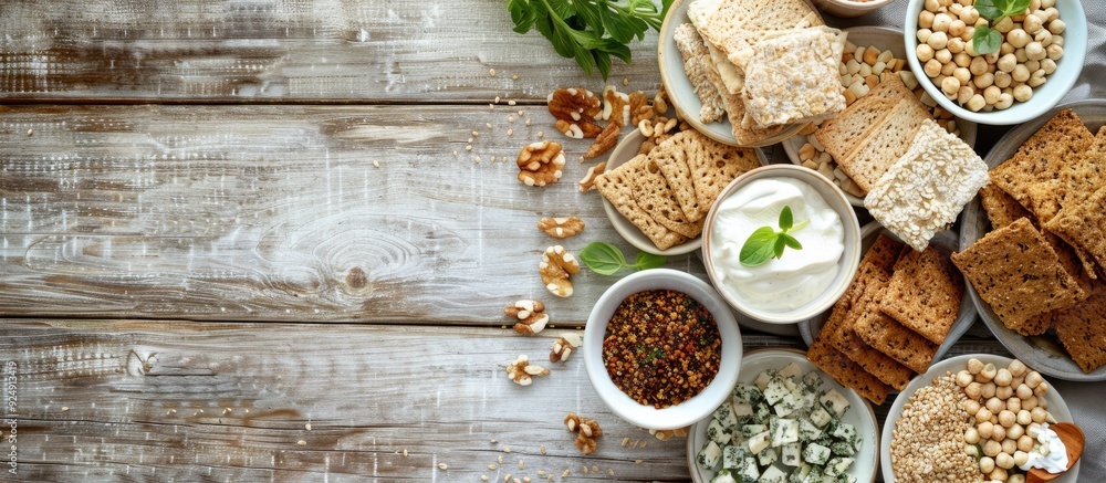Poster white wooden table with a variety of toppings on fresh rye crispbreads and rusks in a flat lay view 