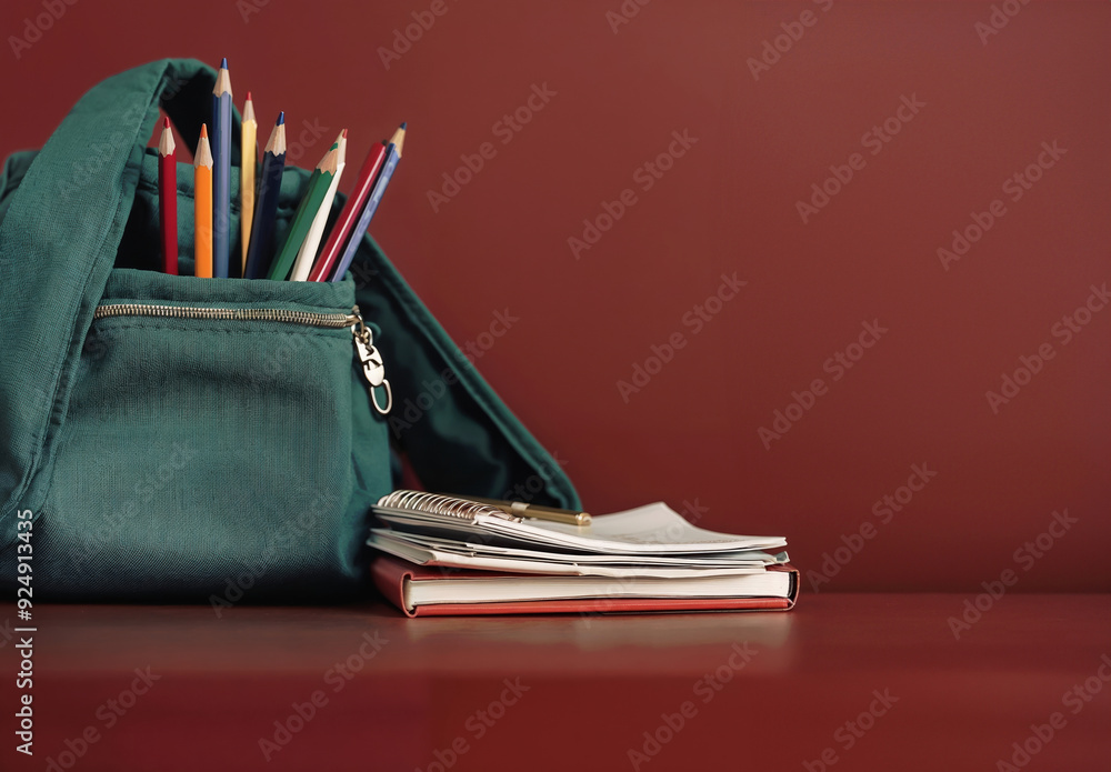 Aufkleber Green backpack full of colorful pencils and exercise books on a desk with a red background and copy space for back to school concept