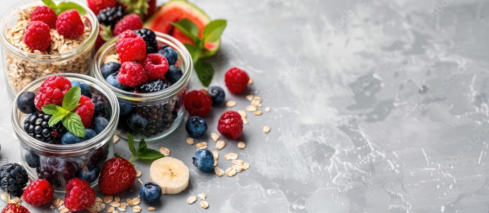 Aufkleber glass jars filled with appetizing oatmeal and fresh berries arranged on a neutral grey backdrop with
