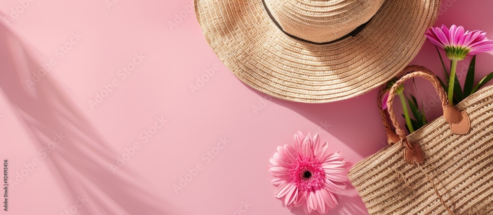 Poster Top view of a summer straw hat a flower and a straw bag on a pink background with copy space image available