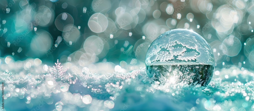 Aufkleber selective focus on a bluish emerald snowy background with a christmas glass ball and icicles perfect