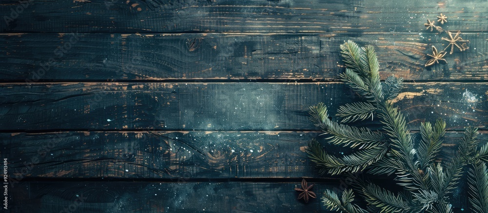 Poster grunge style toned christmas fir tree on a dark wooden board with copy space image