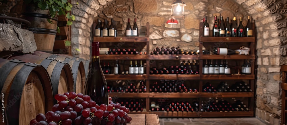 Poster wine cellar featuring red wine bottles grapes and a copy space image for personalization