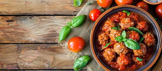 An Italian themed dish featuring meatballs in tomato sauce served in a bowl with a rustic background perfect for a copy space image