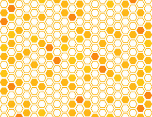 A modern background in the form of orange honeycombs. A corner frame made of geometric hexagons with a cute bee. background with white space for text. vector illustration.