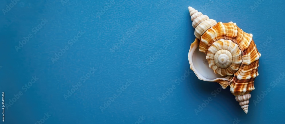 Poster sea shell spiral on blue backdrop with copy space image for text patterned summer theme with a shell