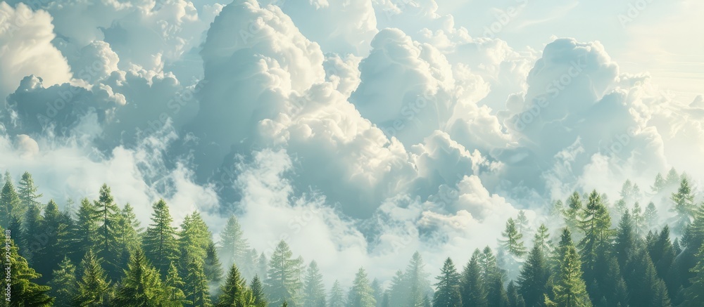 Poster forest depicted in the sky with fluffy clouds providing copy space image