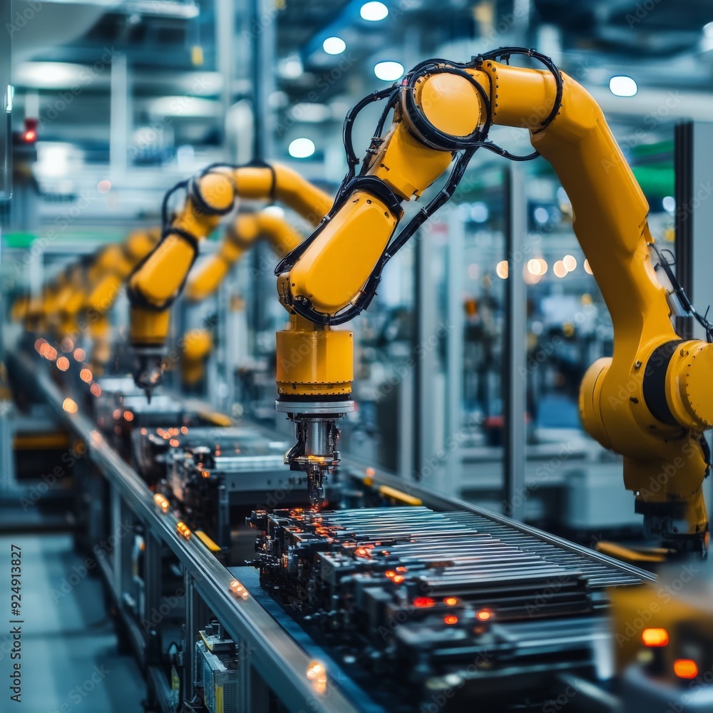 Poster automated robotic arms working on a production line in a modern factory, showcasing advanced manufac