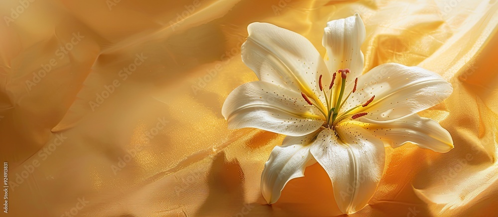 Leinwandbilder minimal flat lay featuring a fresh golden lily on an abstract modern golden background presenting a 