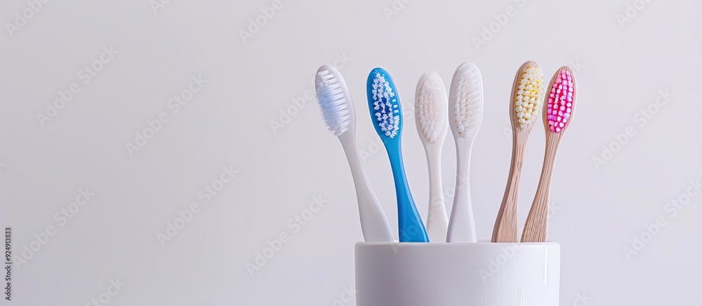 Aufkleber Toothbrushes in a container with a white background displaying copy space image