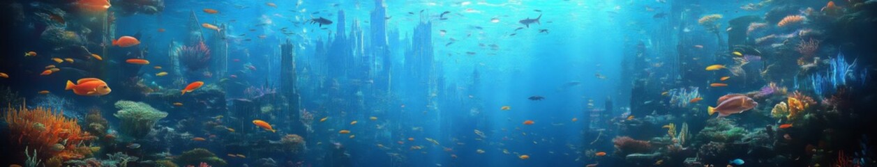 Enchanted Underwater City: A Fantasy Realm of Coral Castles and Prismatic Fish Schools in Anime Aesthetic, storybook illustrations, comic strips, book illustrations and picture books,Abstract concepts