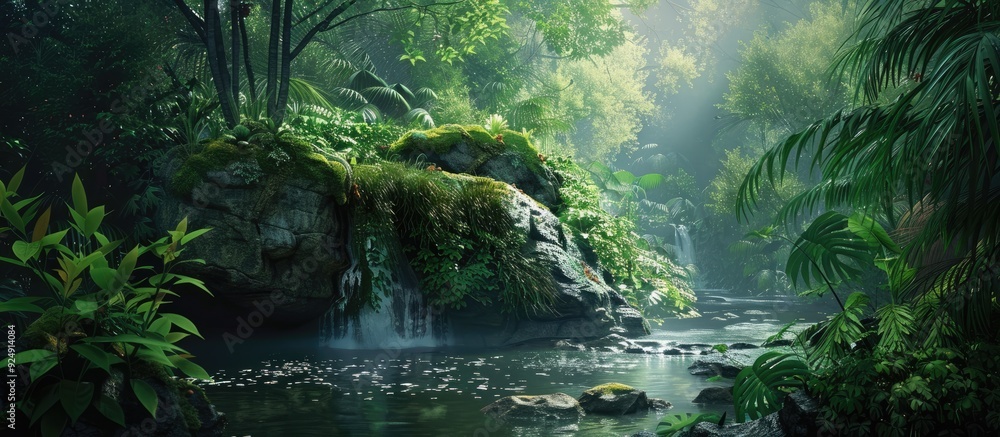 Aufkleber A picturesque rock surrounded by lush greenery near a flowing stream in the forest with a blank space for inserting an image. Creative banner. Copyspace image