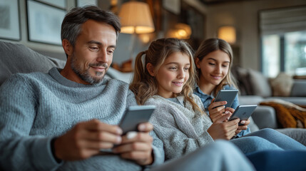 Fototapeta premium A family relaxing in the living room, with each member adjusting the lights and temperature on their personal devices, showcasing the seamless integration of smart home technology