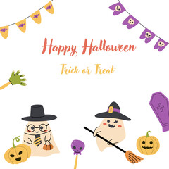 Fototapeta premium Cute Halloween ghosts party invitation card design. Funny spooky characters in witch and sorcerer costumes. Childish greeting card for Halloween Day holiday with candy and autumn fall leaves.