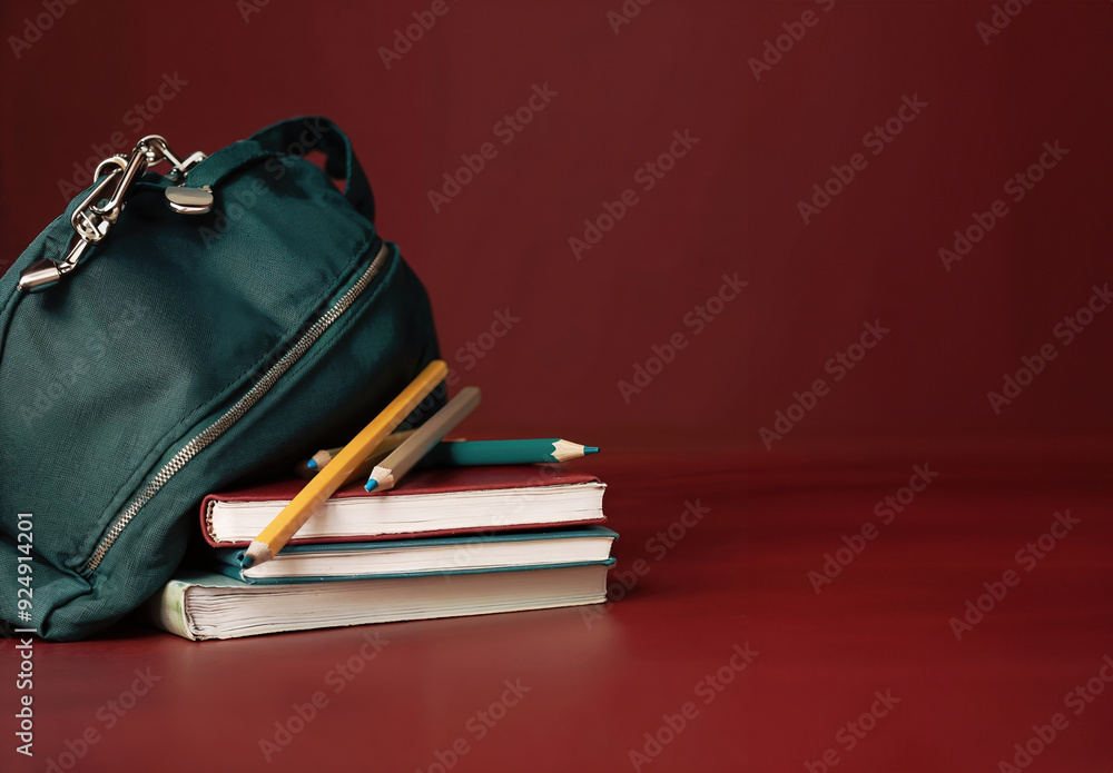 Poster green backpack on notebooks and color pencils over red background with copy space