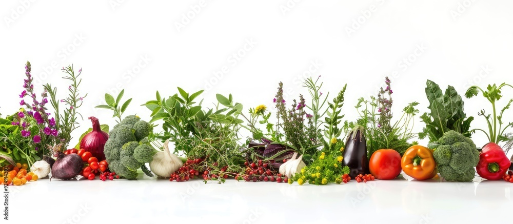 Poster fresh vegetables and herbs displayed on a white backdrop with copy space image available