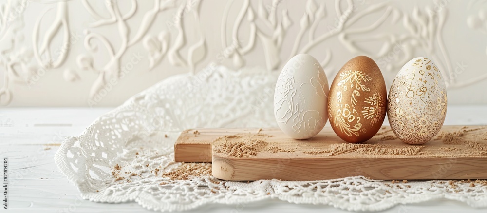 Aufkleber Happy Easter card with three Easter eggs placed on a wooden cutting board against a white table backdrop surrounded by sawdust The arrangement includes a lace border with a golden egg offering a copy