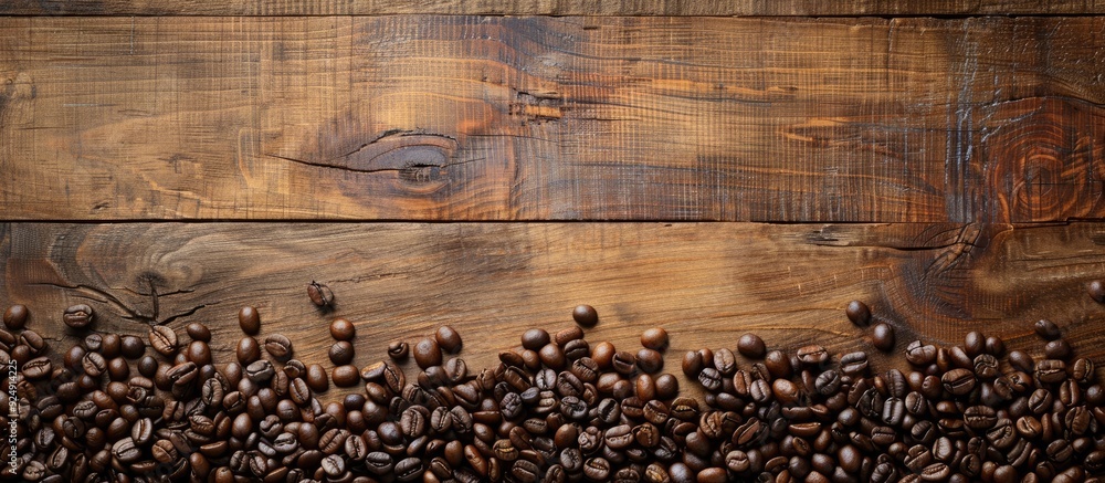 Aufkleber A wooden background with coffee beans displayed and space for text or images. Creative banner. Copyspace image