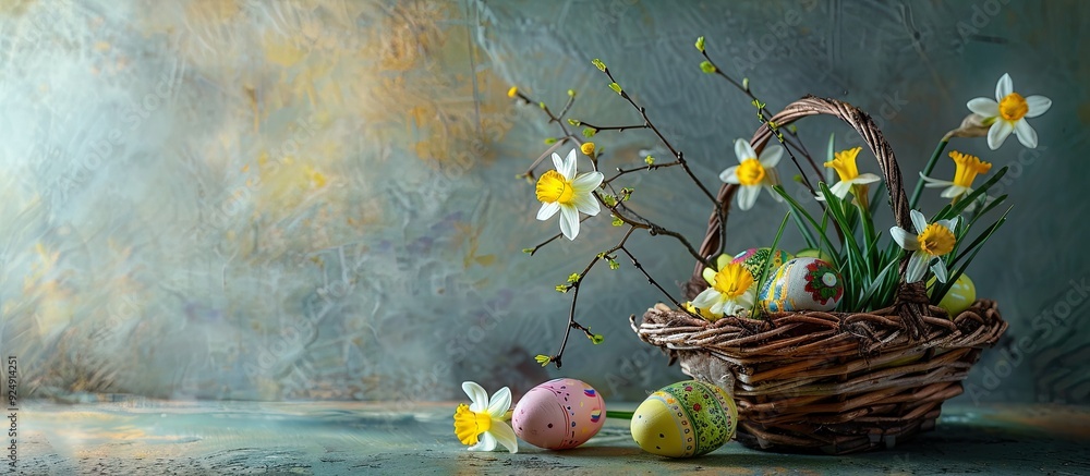 Poster An Easter basket filled with various painted Easter eggs narcissus flowers and catkin branches creating a festive display with copy space image