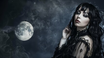 Fototapeta premium A hauntingly beautiful woman with dark hair admires the full moon