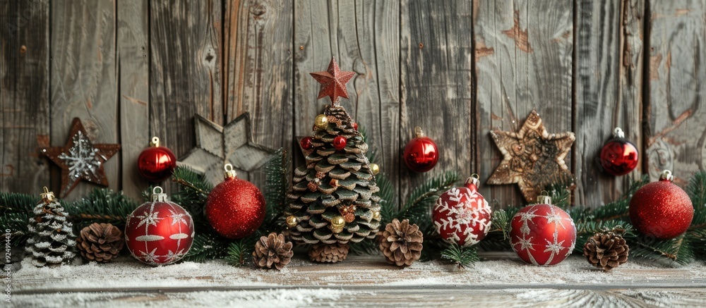 Poster vintage christmas decorations displayed against a rustic wooden backdrop for a nostalgic look with c