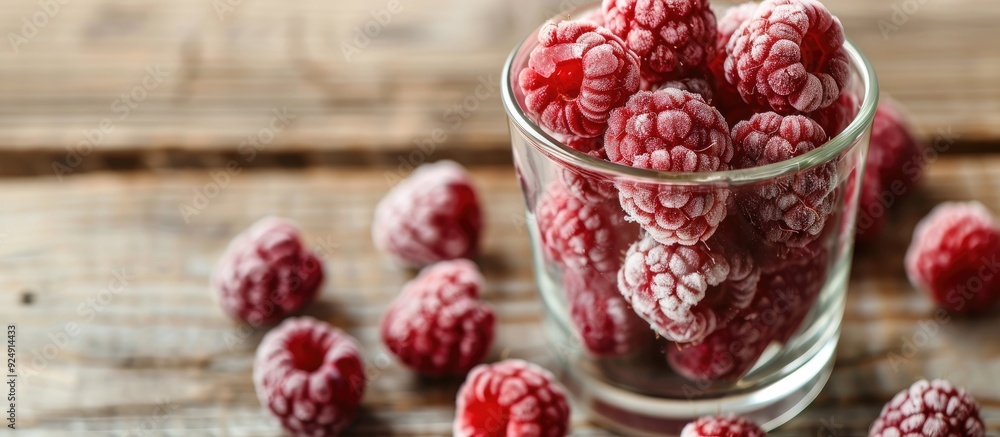 Canvas Prints Red raspberries frozen in a glass cup on a wooden backdrop with copy space image