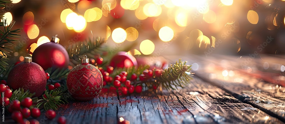 Poster festive christmas scene with ornaments and baubles arranged on a wooden table featuring copy space i