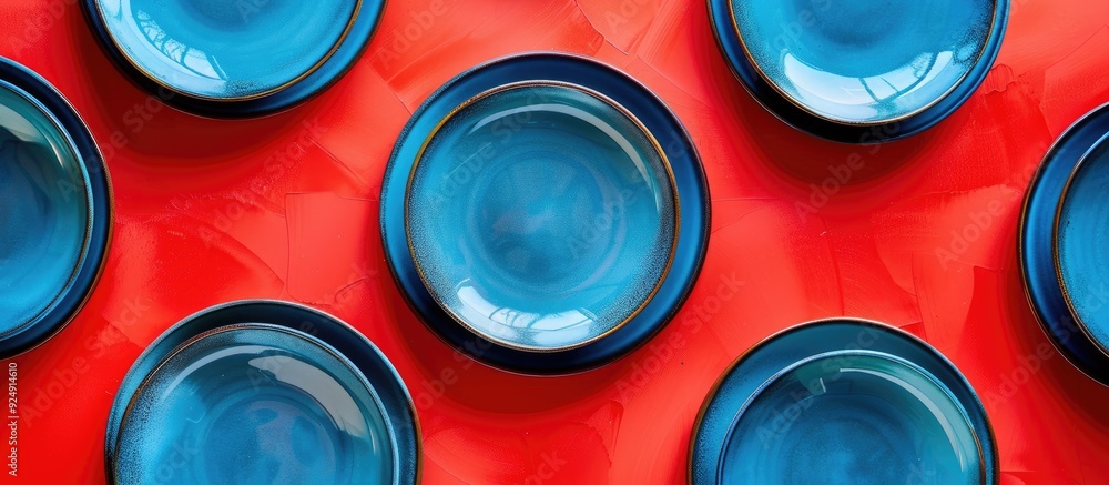 Poster top view of a striking pattern of blue plates on a vibrant red backdrop with ample copy space image