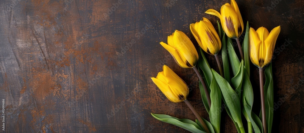 Poster Yellow tulips arranged on a rustic brown backdrop with copy space image