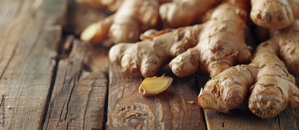 Poster Macro shot of ginger on a wooden backdrop with ample copy space image available