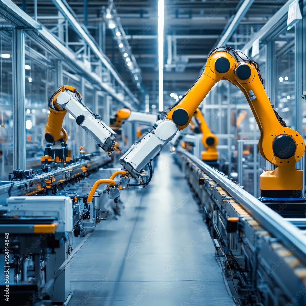 Poster automated robotic arms working on an assembly line in a modern factory, showcasing advanced manufact