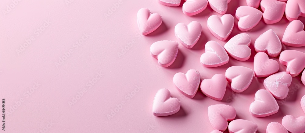 Poster heart health concept illustrated on a pink background with pink heart shaped pills in a flat lay sty