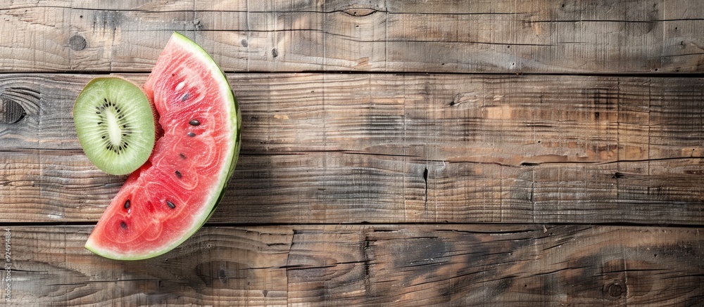 Poster Top view of a sliced watermelon on a rustic wooden surface with available space for text embodying a summery theme in the image. Creative banner. Copyspace image