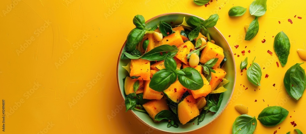 Aufkleber Top view of a pumpkin and basil salad on a yellow backdrop with space for text or image insertion. Creative banner. Copyspace image