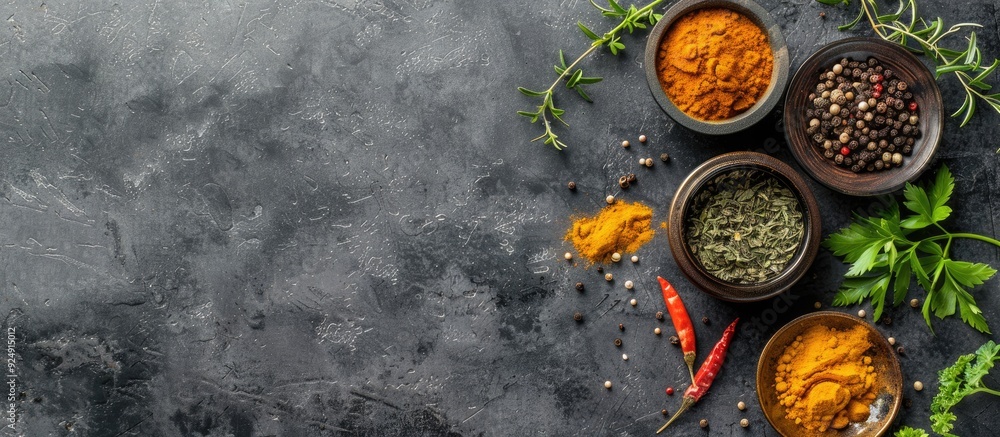 Poster indian spices and herbs on a stone surface with copy space image available