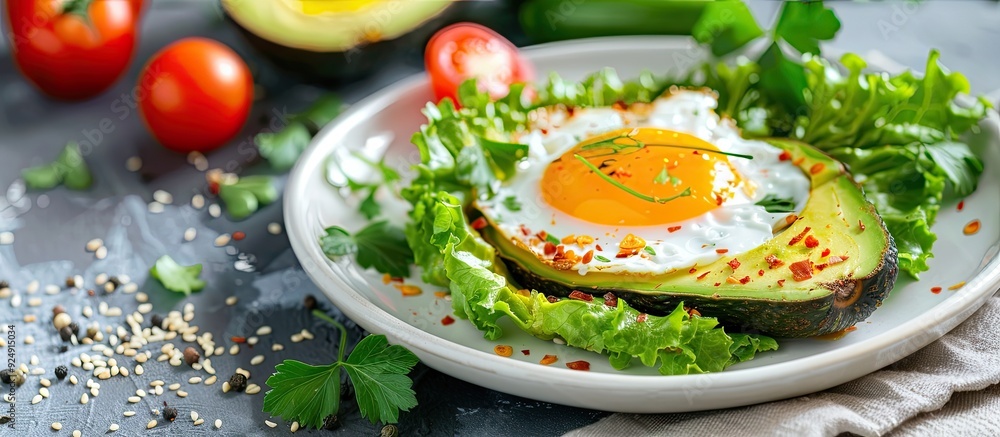 Poster a plate with a delectable egg baked in avocado accompanied by fresh vegetables presented on a table 
