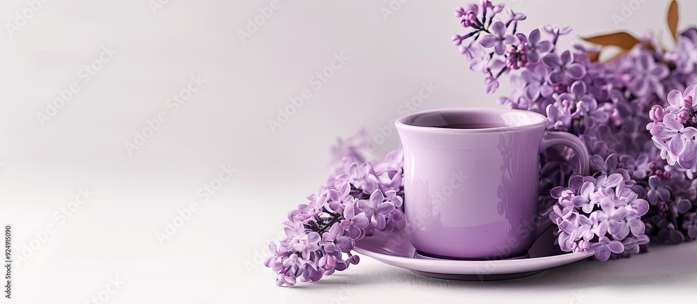 Poster lilac cup on white backdrop with copy space image