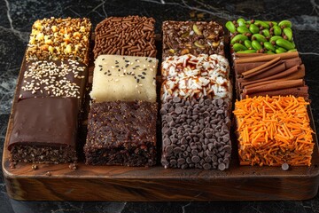 A Variety of Topped and Decorated Dessert Squares on a Wooden Board