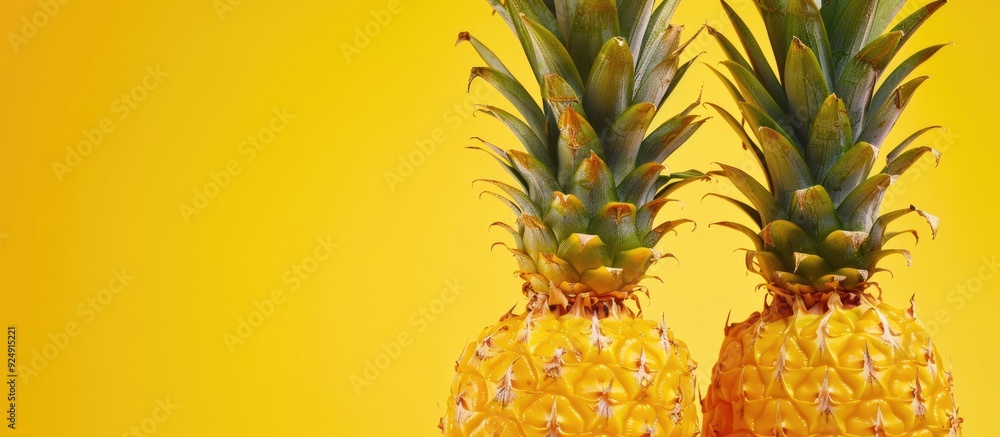 Poster Two pineapples placed at the edges of a bright background creating a copy space image in between the fruits