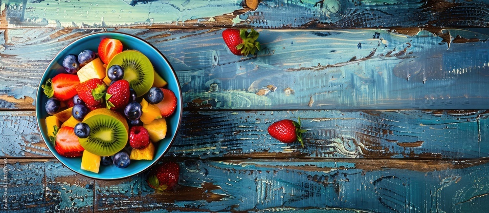 Poster fresh fruit salad on rustic blue wood background for a health conscious active lifestyle ideal for d