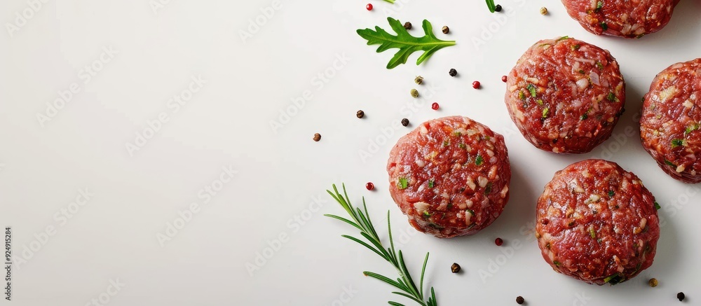Aufkleber an overhead shot of homemade raw meat patties on a white background with room for text or other elem
