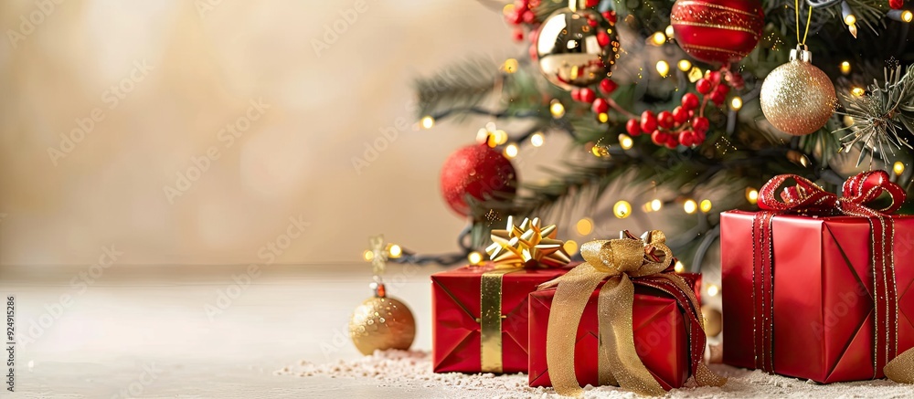 Poster a holiday themed copy space image displaying gifts in red boxes with gold ribbons under a christmas 