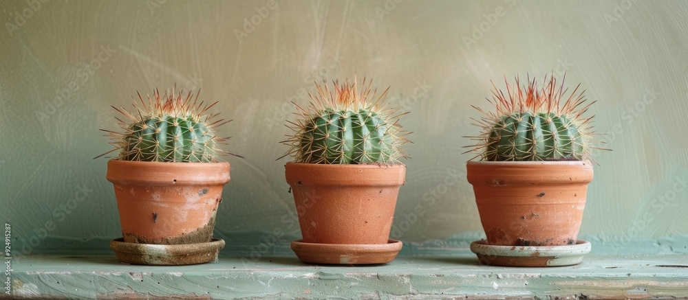 Fototapete three echinocereus rigidissimus cacti are displayed in a pot on a shelf against a plain background i