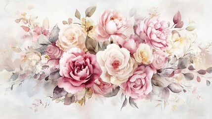 Watercolor painting depicting lush bouquet of pink and white roses