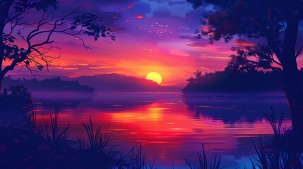 Obraz premium An attractive background showcasing a stunning sunset over a serene lake, with vibrant colors reflecting off the water and silhouetted trees in the foreground, creating a breathtaking and captivating
