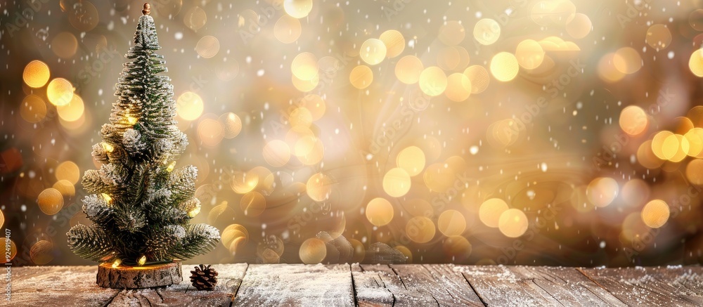 Aufkleber festive christmas backdrop featuring a xmas tree and sparkling bokeh lights on a wooden canvas with 