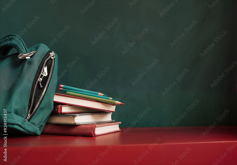 Aufkleber green backpack on top of a stack of books and pencils with a green wall background for back to schoo