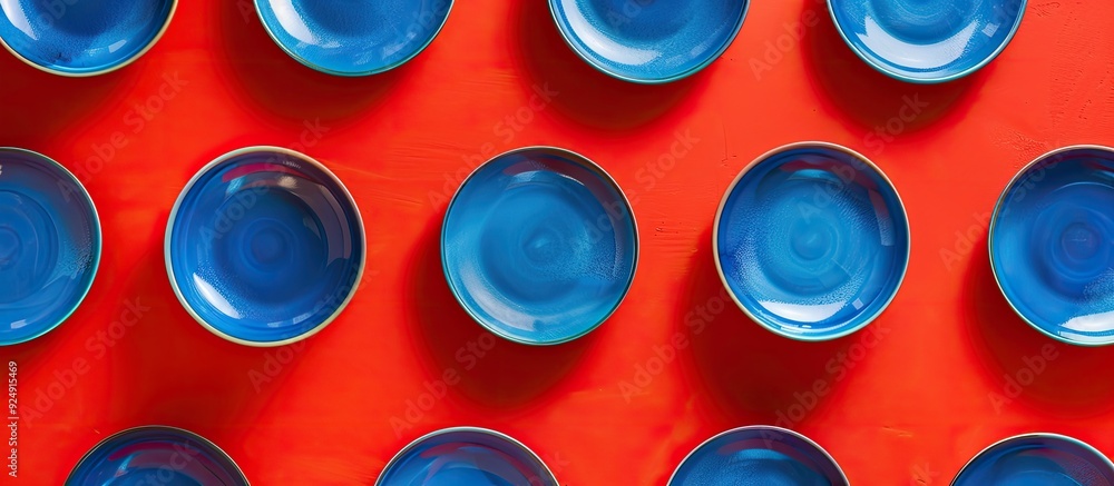 Poster Top view of a striking pattern of blue plates on a vibrant red backdrop with ample copy space image