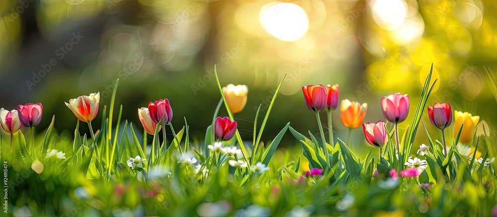 Aufkleber a vibrant meadow in spring with colorful tulips provides a natural floral setting perfect for an eas