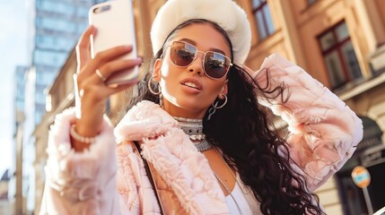Fashionable modern girl walks around the city and takes selfies. Photo on the phone. Walk around the city.